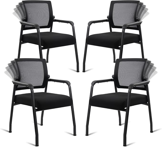 KLASIKA Desk Chair No Wheels with Adjustable Mesh Backrest, Arm Chair with Ergonomic Lumbar Support and Thickened Seats Cushion, Waiting Room Chairs for Office School Church Guest Reception, 4PACK