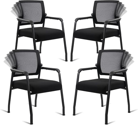 KLASIKA Desk Chair No Wheels with Adjustable Mesh Backrest, Arm Chair with Ergonomic Lumbar Support and Thickened Seats Cushion, Waiting Room Chairs for Office School Church Guest Reception, 4PACK