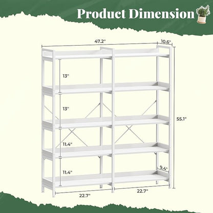 Huuger 5 Tier Bookshelf, Display Bookshelf with 10 Open Shelves and Raised Baffle, 47.2 Inch Straight Wide Bookcase with Metal Frame and Wooden Board, Adjustable Feet, White