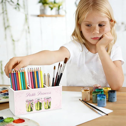 Pink Coquette Bow Pickle Pen Pencil Holder for Desk, Pickle Lovers Gifts for Women, Preppy Pink Girly Wooden Box Sign Decorations for Girls Bedroom Room Dorm Desk Tabletop