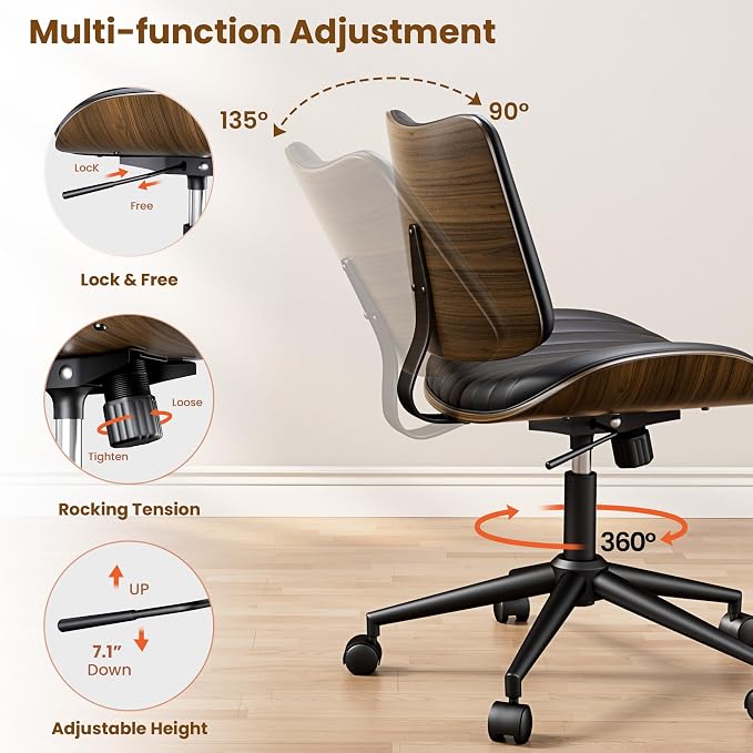 REONEY Home Armless Office Chair Set of 2, Modern Walnut Desk Chair with Wheels, Adjustable Swivel Rolling Task Chair with Curved Back for Reading,Meeting Room, Black