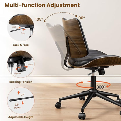 REONEY Home Armless Office Chair Set of 2, Modern Walnut Desk Chair with Wheels, Adjustable Swivel Rolling Task Chair with Curved Back for Reading,Meeting Room, Black