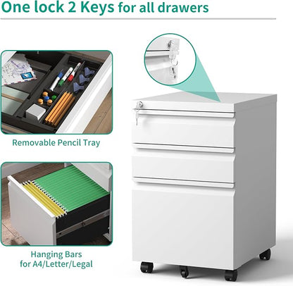 3 Drawer File Cabinet, Vertical File Cabinets with Lock for Home Office,Heavy Duty Office Steel Filing Cabinet for Hanging Letters/Legal/A4, Assembly Required (Black)
