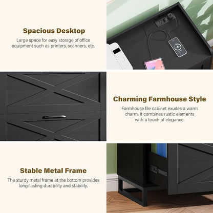 Halitaa File Cabinet 3 Drawers Lateral File Cabinet with Charging Station for Letter/Legal/A4 Size Hanging Files, Large Wood File Storage Cabinets Printer Stand for Home Office, Black