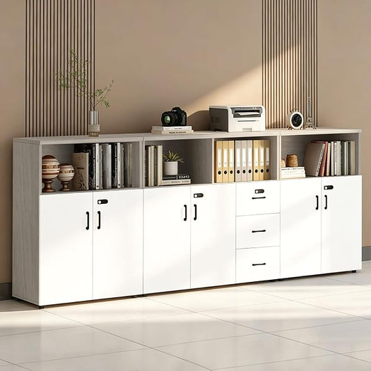 File Cabinet with Password Lock, Wood Lateral Filing Cabinet for Letter/A4 Files, 3 Drawer with Door, Printer Stand with Open Shelves for Home Office