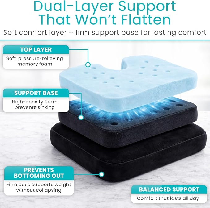 Vive Tailbone Cushion, Memory Foam Seat for Pain Relief, Sciatica, Coccyx & Back Support for Office Chair, Car, Wheelchair & Airplane, Water-Resistant Cover, 2-Layer Foam Comfort, Wheelchair (Black)