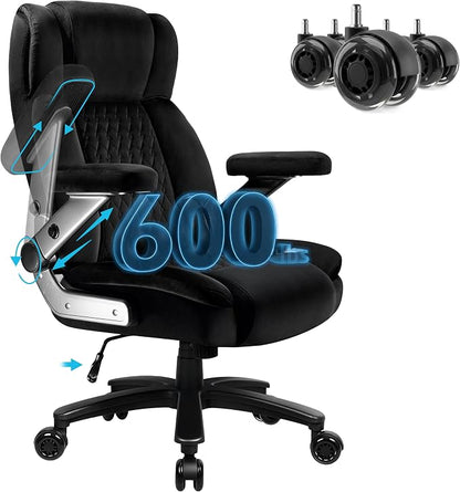 Big and Tall Office Chair 600lbs with 5D Flip Arms, Heavy Duty Executive Office Chairs, Ergonomic Desk Chair with Adjustable Lumbar Support & Rubber Wheels, Velvet Fabric, Black