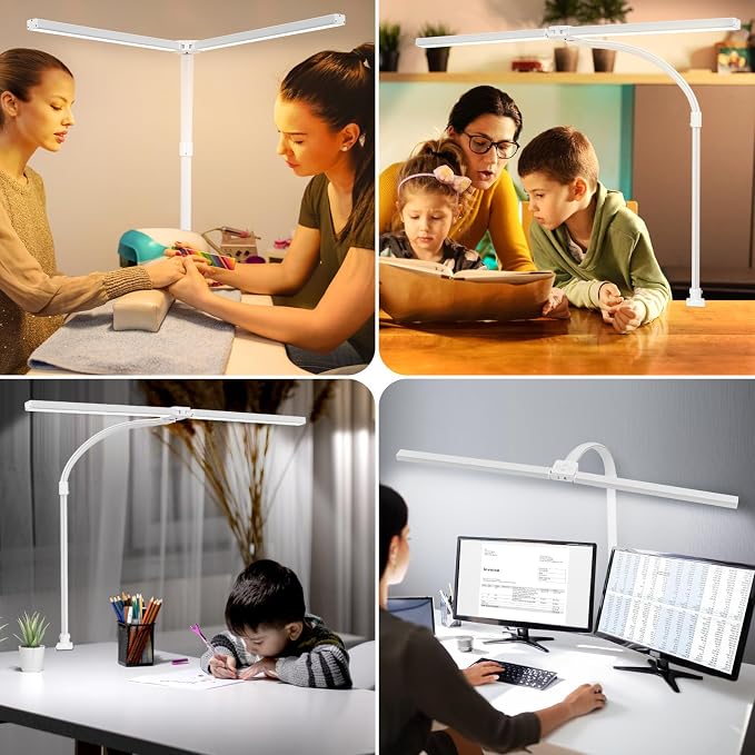 LED Desk Lamp for Office Dorm Home - Eye Caring Desk Light with Timer, Remote Control 24W Brightest Dual Screen Computer Monitor Gooseneck Dimmable Table lamp with Anti-Glare Cover Clamp & Base