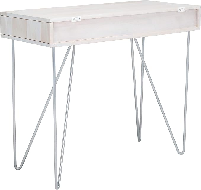 SAFAVIEH Home Office Collection Raveena White Wash and Silver 1-Drawer Hairpin Leg Desk