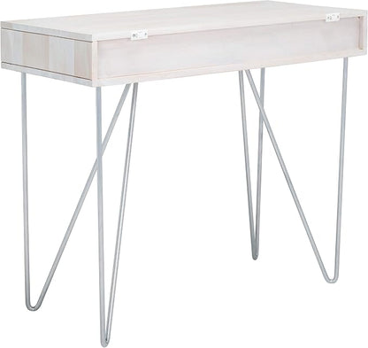 SAFAVIEH Home Office Collection Raveena White Wash and Silver 1-Drawer Hairpin Leg Desk