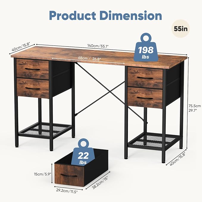 Sweetcrispy Computer Desk with Drawers 55 Inch Home Office Bedroom Table 4 Fabric Drawers 2 Mesh Storage Shelves Wood X-Shaped Writing Study PC Desk Workspace Side Hook Metal Frame Organizer Brown