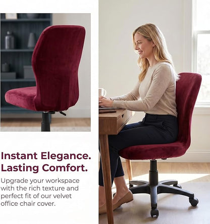 Deisy Dee Velvet Stretch Armless Office Chair Covers - Colorful Stretch Slipcover for Desk Chairs (Burgandy)