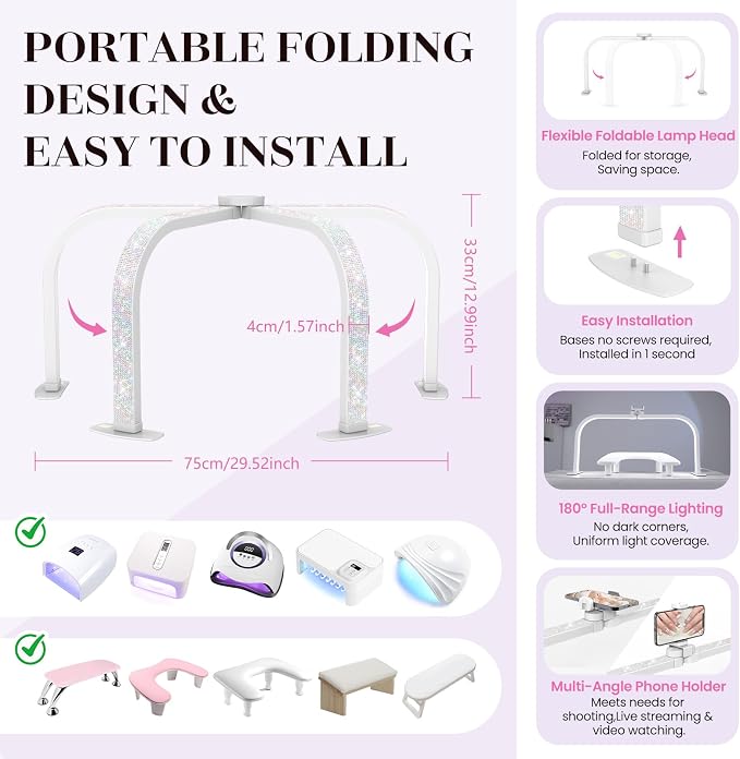 LIONVISON Nail Light for Desk: 29" Foldable Half Moon Light for Nail Tech with Phone Holder - 3 Color Modes & 10 Brightness - 40W Arch LED Nail Desk Lamp for Manicure Salon (with Diamond)