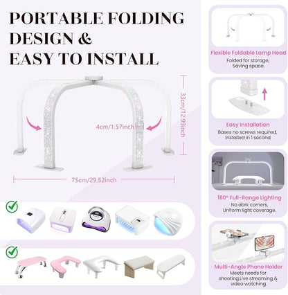 LIONVISON Nail Light for Desk: 29" Foldable Half Moon Light for Nail Tech with Phone Holder - 3 Color Modes & 10 Brightness - 40W Arch LED Nail Desk Lamp for Manicure Salon (with Diamond)