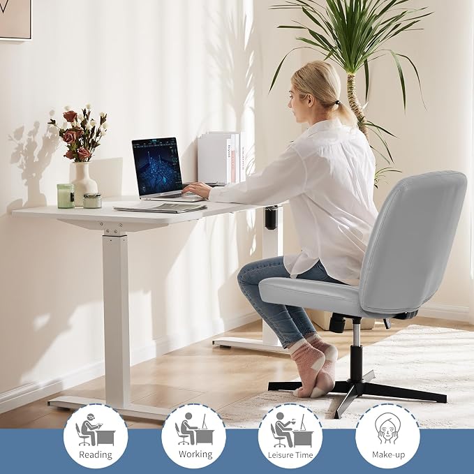 DUMOS Criss Cross Chair No Wheels, Wide Seat Cross Legged Office Desk Vanity Chair, Faux Leather Armless Height Adjustable Swivel Task Computer Chairs for Home, Study, Grey PU