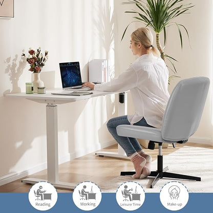 DUMOS Criss Cross Chair No Wheels, Wide Seat Cross Legged Office Desk Vanity Chair, Faux Leather Armless Height Adjustable Swivel Task Computer Chairs for Home, Study, Grey PU