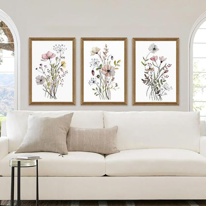 WRFON Framed Botanical Canvas Wall Art Set of 3, Watercolor Floral Prints, Framed Flower Wall Decor for Bedroom Bathroom Living Room, 20x30 Inch Each