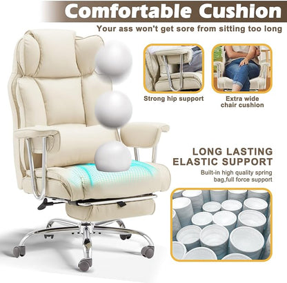 Big and Tall Office Chair with Foot Rest Comfortable Executive Reclining Office Large Leather Chair with Adjustable High Back Heavy Duty for Heavy People up to 400lbs