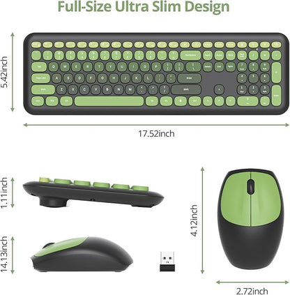 Surmen Dark Green Keyboard and Mouse Wireless Quiet, Full-Size Girly Cute Keyboard Mouse Retro Typewriter Low-Noise 2.4GHz for Computer, Desktop, Laptop (6-Black Green)