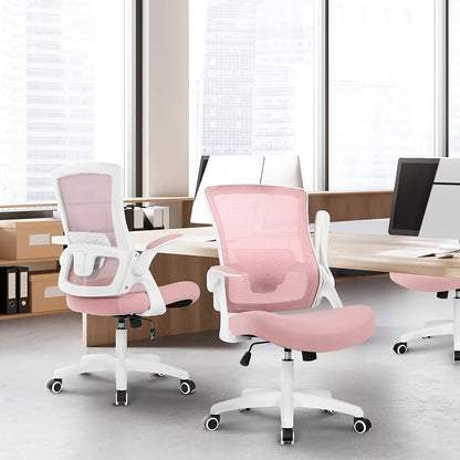NEO CHAIR Office Desk Gaming Chair Computer High Back Mesh Seat with Rolling Wheels Ergonomic Adjustable Comfy Flip-up Armrests Lumbar Support Height for Home (Pink)
