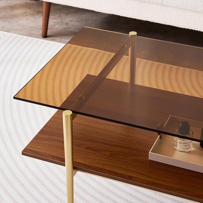 LumFurn Rectangle Coffee Table, Mid-Century Modern Design, L41 W21 x H17, for Living Room, 2-Tier Structure, Amber Glass Top and Walnut MDF Shelf, Sleek Conical Metal Legs with Gold Finish
