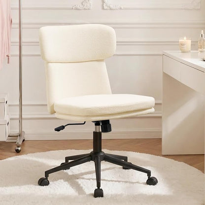 Furniliving Armless Office Chair, Upholstered Chenille Desk Chair with Wheels, Adjustable Swivel Computer Vanity Chair with Double-Layer Cushion, Beige