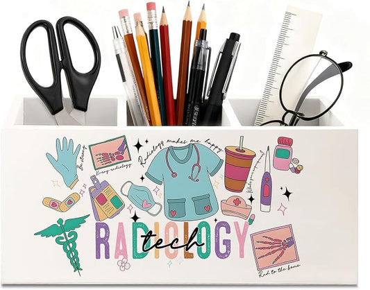 Radiology Tech Gifts Pen Holder for Desk, Medical Student Gifts Wooden Box Sign Desk Decor for Office Home Decoration, Radiology Tech Student Essentials Pencil Organizer