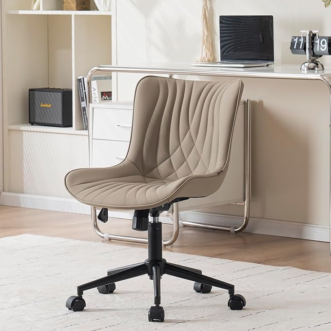 YOUNIKE Office Chair, Desk Chair with Wheels, Home Office Computer Task Chairs, Modern Faux Leather Padded Vanity Chair, Adjustable Swivel Armless Office Chairs with Back, Khaki