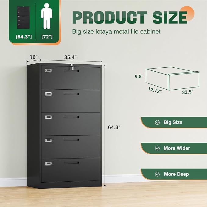 Letaya 5 Drawer File Cabinet with Lock,Metal Lateral Filing Cabinets for Home Office Hanging Files Letter/Legal/F4/A4 Size(Black-Requires Installation)