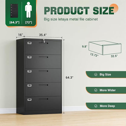Letaya 5 Drawer File Cabinet with Lock,Metal Lateral Filing Cabinets for Home Office Hanging Files Letter/Legal/F4/A4 Size(Black-Requires Installation)