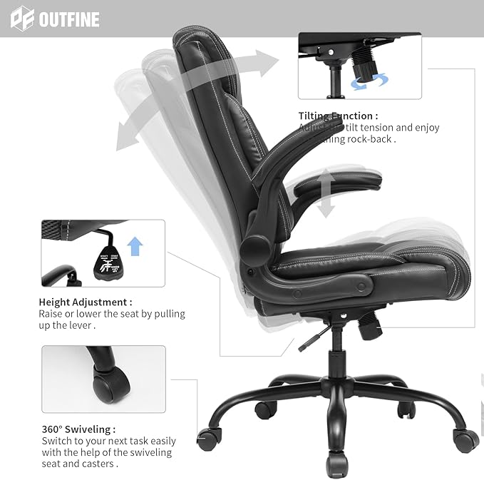 OUTFINE Flip-up Arms Office Chair 300lbs Executive Chair Swivel Office Chair with hydrolysis-Resistant Leather Spring Cushion Thick Padding and Ergonomic Design (Black, Flip Arm Medium) | Flip-up armrests, ergonomic support and durable leather maximize...
