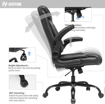 OUTFINE Flip-up Arms Office Chair 300lbs Executive Chair Swivel Office Chair with hydrolysis-Resistant Leather Spring Cushion Thick Padding and Ergonomic Design (Black, Flip Arm Medium) | Flip-up armrests, ergonomic support and durable leather maximize...