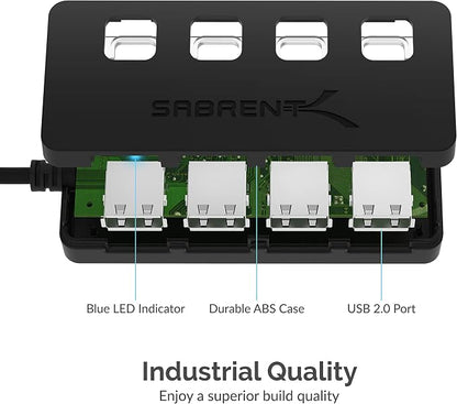 SABRENT 4 Port USB 2.0 Data Hub with Individual LED lit Power Switches [Charging NOT Supported] for Mac & PC (HB-UMLS) (Pack of 2)
