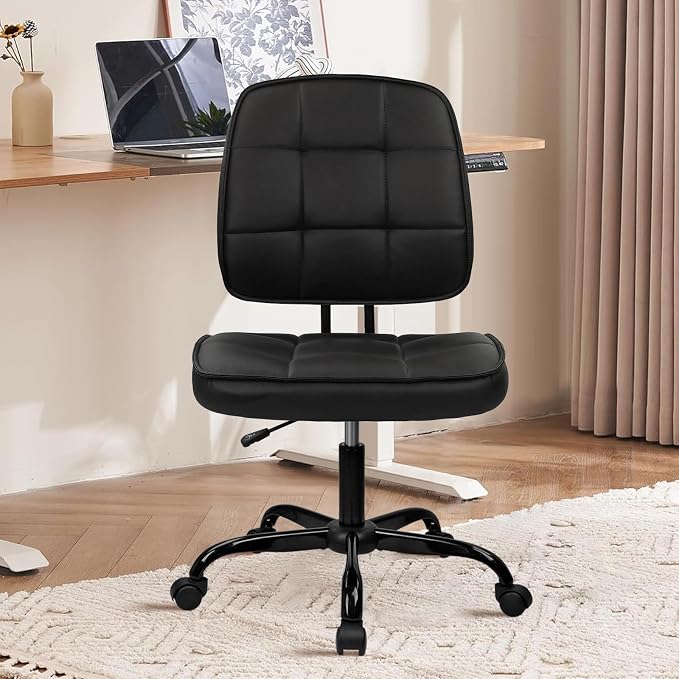 CLATINA Armless Home Office Chair with Lumbar Support and Wheels, Small PU Leather Ergonomic Low Back Desk Chairs No Arms, Adjustable Height 360° Swivel Rolling Computer Task Chair, Black