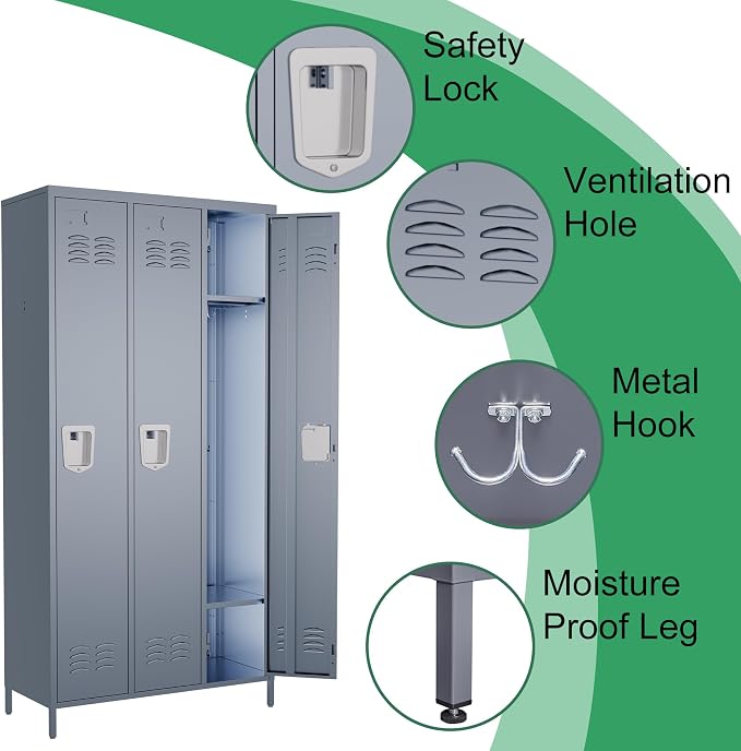3 Door Metal Lockers for Employees,Heavy-Duty Hooks,72" Secure Storage for Home,Offices,Schools & Gyms | Gray