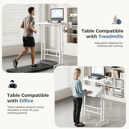 DUMOS Split Top Rolling Standing Desk 23.6 Inch Mobile Laptop Workstation Manual Height Adjustable Sit Stand Office Table Walking Pad Study Surface Portable Home Office Computer Cart White