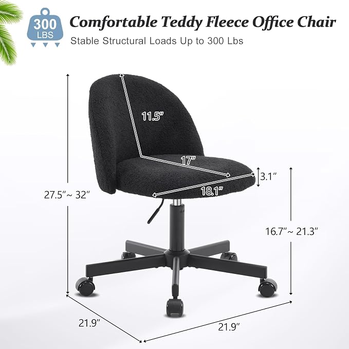 VINGLI Cute Candy Chair Armless Comfy Small Office Desk Vanity Chair with Wheels & Lumbar Support,Teddy Adjustable Rolling Swivel Computer Task Ch for Home Office,Bedroom,Black