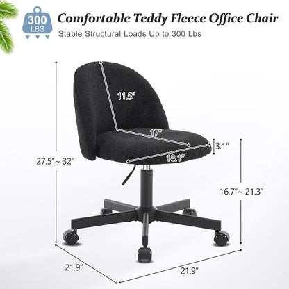 VINGLI Cute Candy Chair Armless Comfy Small Office Desk Vanity Chair with Wheels & Lumbar Support,Teddy Adjustable Rolling Swivel Computer Task Ch for Home Office,Bedroom,Black