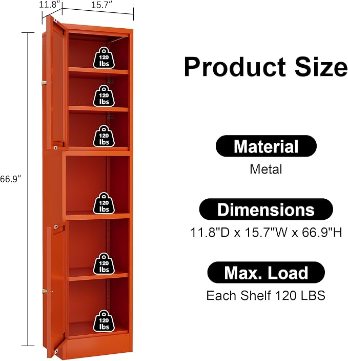 Metal Bathroom Storage Cabinet, Tall Narrow Cabinet with Glass Doors Ajustable Shelves Open Countertop, Slim Sideboard for Small Spaces, Living Room, Kicthen, Dining Room