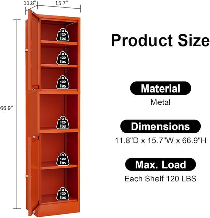Metal Bathroom Storage Cabinet, Tall Narrow Cabinet with Glass Doors Ajustable Shelves Open Countertop, Slim Sideboard for Small Spaces, Living Room, Kicthen, Dining Room