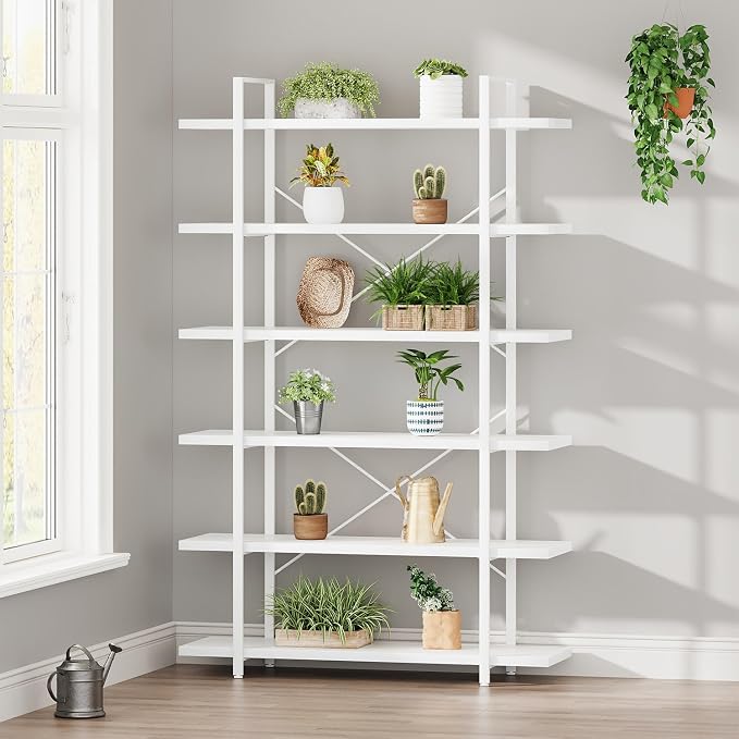 HSH 6 Tier Tall White Bookshelf, Industrial Modern Vertical Metal and Wood White Bookcases 6 Shelf,Farmhouse Open Large Storage Book Shelves & Display Book Shelf for Bedroom Living Room Office