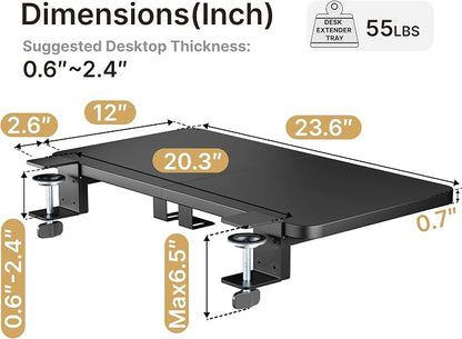 PEGZONE Desk Extender Tray, 24" x 12", with Laptop Holder, Medium, Black | Desk Extension, Clamp on Desk Shelf, Clamp On Keyboard Tray for Office and Home, Workstation Organizer