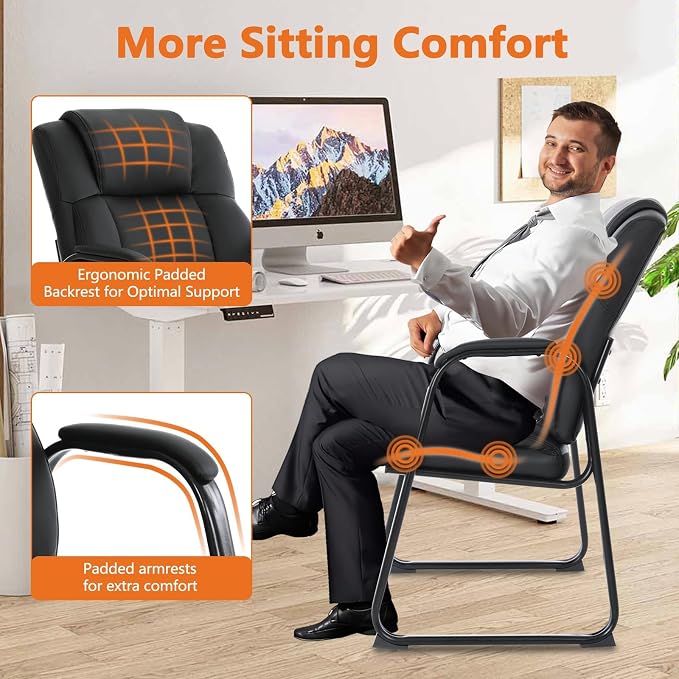 CLATINA Big Tall 500 LBS Wide Guest Chair Heavy Duty, Leather Side Reception Chairs with Sled Base and Armrest, Executive Office Desk Chair No Wheels for Meeting Conference Waiting Room Home, 8 Pack