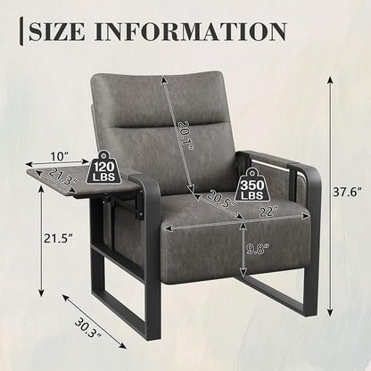Alunaune Upholstered Living Room Chair Armchair, Mid Century Faux Leather Metal Accent Chair, Reception Couch Office Guest Chair Slipper Club Lounge Single Sofa with Sidetable for Bedroom-Grey