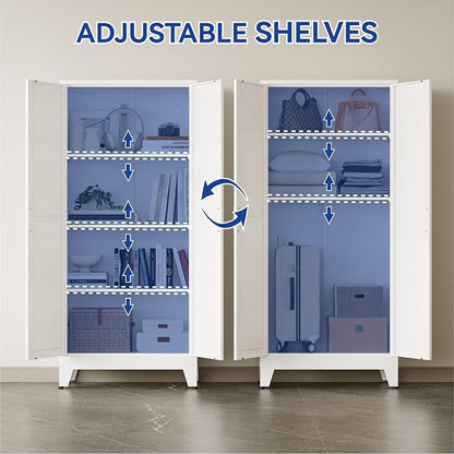 COFaR 61'' Tall Metal Storage Cabinet, Farmhouse Kitchen Pantry Cabinet with Doors and 3 Adjustable Shelves, White Metal Cabinets for Kitchen, Bathroom, Laundry, Garage, 4-Tier