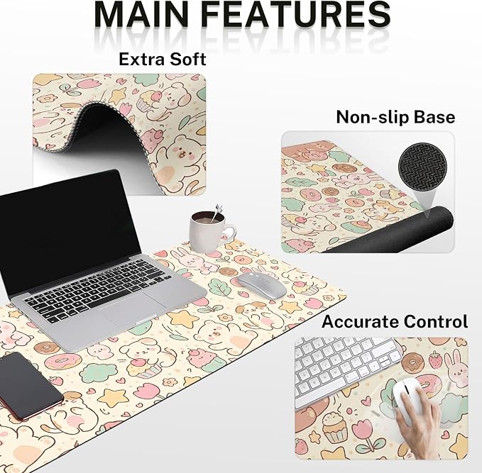 Britimes Kawaii Bunny Bear Keyboard Mouse Pad Set Cartoon Pink 4in1 Large Mousepad+Keyboard Wrist Rest+Mouse Wrist Rest+Coaster Ergonomic Design for Home Office Computer 35.4x15.7 inches