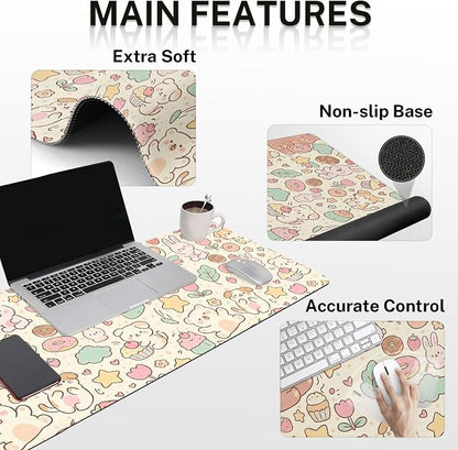 Britimes Kawaii Bunny Bear Keyboard Mouse Pad Set Cartoon Pink 4in1 Large Mousepad+Keyboard Wrist Rest+Mouse Wrist Rest+Coaster Ergonomic Design for Home Office Computer 35.4x15.7 inches