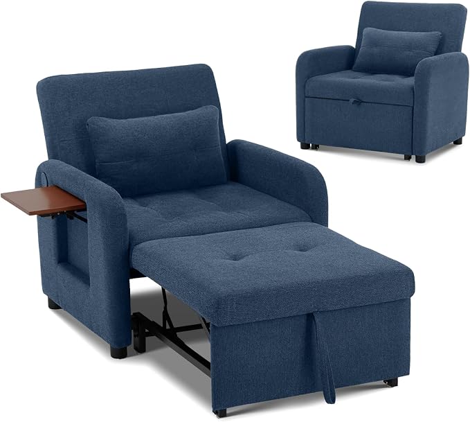 Convertible Sleeper Chair-Fabric Futon Sofa Bed, Single Sleeper Sofa, Small Couch Bed with USB Port, Foldable Table, Pillow, Adjustable Backrest for Dorm/Bedroom/College Blue