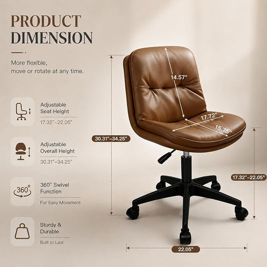 Vanity Chair with Back, PU Leather Swivel Office Desk Chair, Height Adjustable Armless Chair for Small Spaces, Bedroom, Vanity, Home Office （Brown）
