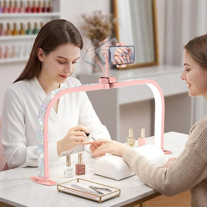 LIONVISON Nail Light Half Moon: 29" Foldable Half Moon Light for Nail Desk - 3 Color Modes & 10 Brightness - Arch LED Nail Desk Lamp with Phone Holder for Manicure Salon (Pink with Diamond)